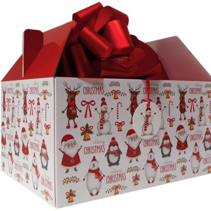 Miniature custom Christmas favor boxes with gold accents, used for holding small wedding or corporate event tokens.