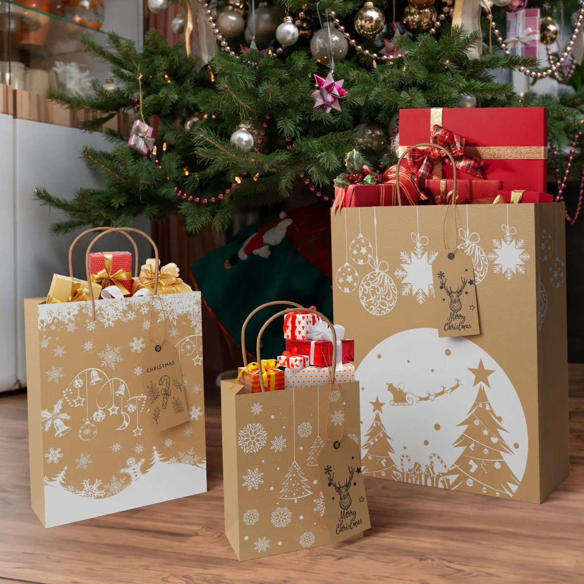 Durable, custom-printed Christmas Paper Bags for in-store retail. High visibility branding, reinforced handles, and custom sizes.