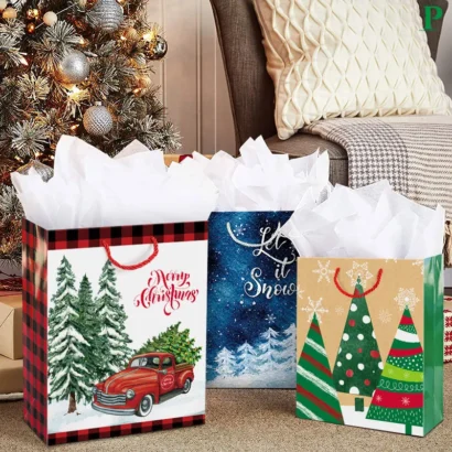Luxury Christmas Gift Bags with premium stock and rope handles. Custom printing for high-end retail and gift-giving, USA-made.